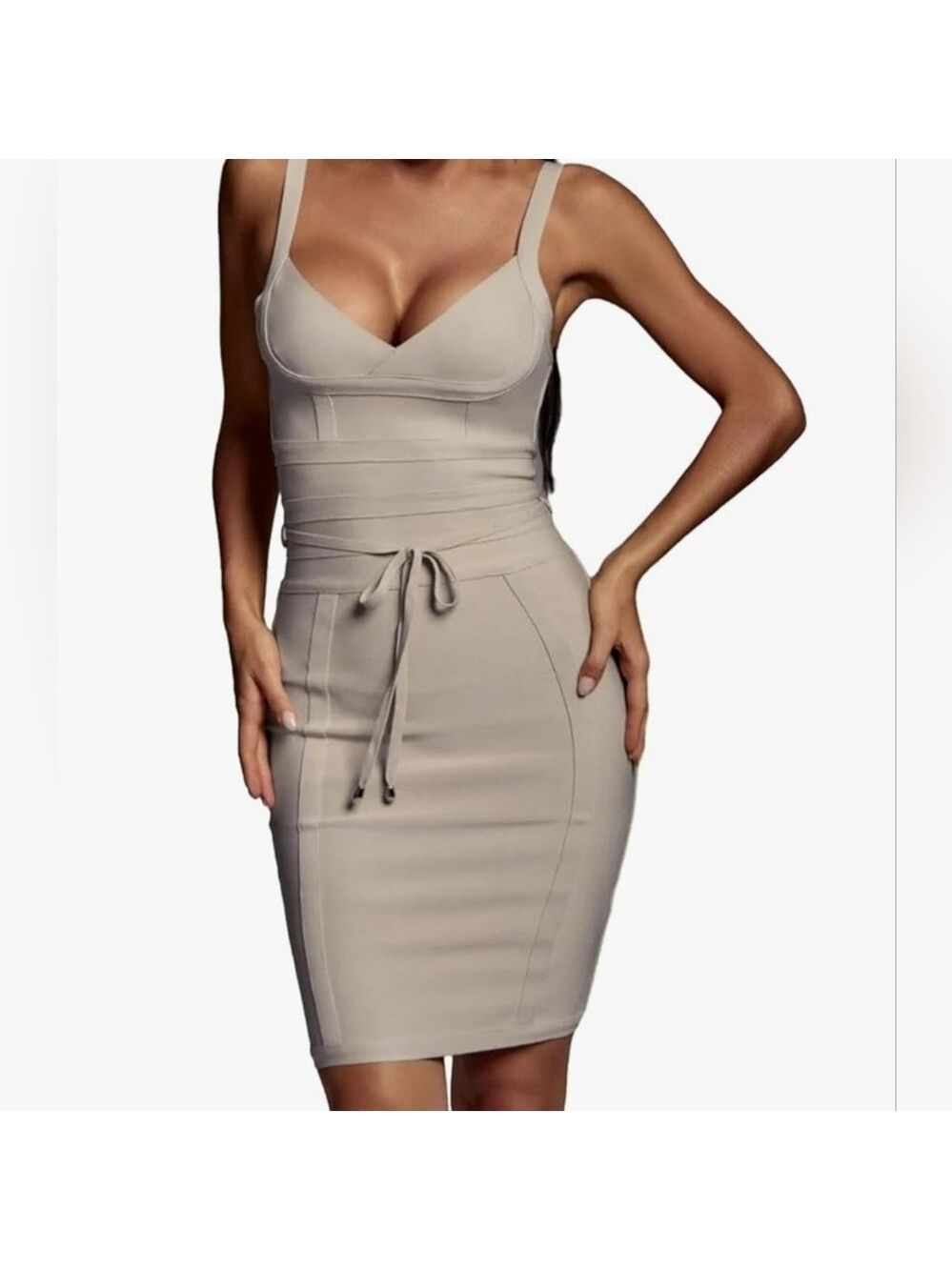 Bella Barnett Cut Out Bodycon Evening Dress Beige Large - Picture 3 of 14